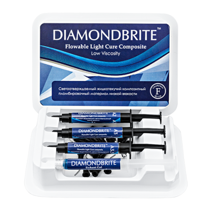 Даймондбрайт Флоу / Diamondbrite Flowable (набор) - жидкотекучий микрогибридный композит свотового отверждения: A2, A3, A3.5 (3шпр*2г + гель протравочный 2.5г), Diamondbrite / США