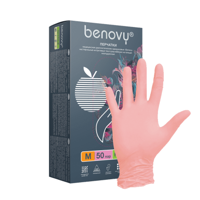Нитриловые текстурированные перчатки BENOVY, М, розовые, 50 пар