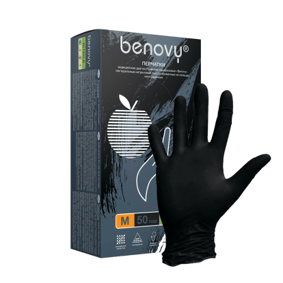 Нитриловые текстурированные перчатки черные BENOVY  L 50 пар